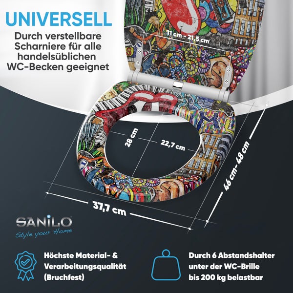 Universeller WC-Sitz mit Graffiti-Motiv und verstellbaren Scharnieren. Bruchfest, Breite 37,7 Zentimeter, Belastbarkeit bis 200 Kilogramm.