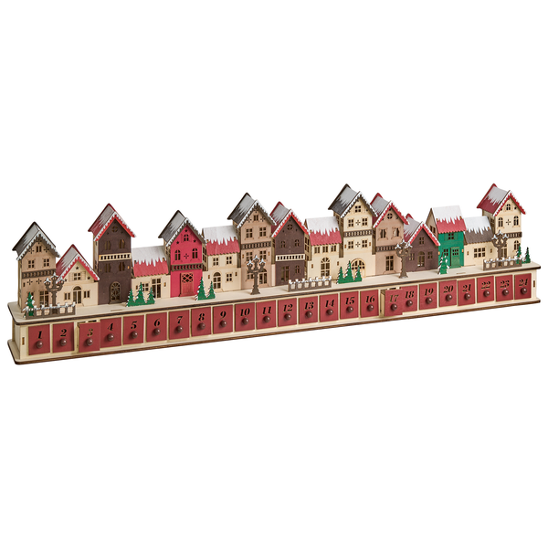 Weihnachts Adventskalender aus Holz mit zweiundzwanzig Hausmotiven und vierundzwanzig nummerierten Schubladen für Weihnachtsdekoration.