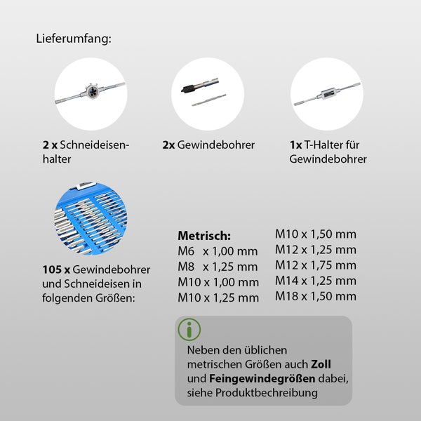 Gewindeschneidsatz 110 tlg zoll/metrisch Gewindeschneider Gewindebohrer UNC/UNF