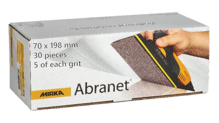 Mirka Abranet Netzschleifstreifen 70mm x 198mm Klett / Mix-Pack 5 von jeder Körnung 80, 120, 180, 240, 320, 400 / 30 Stk / zum Schleifen von Holz, Spachtel, Lack, Kunststoff