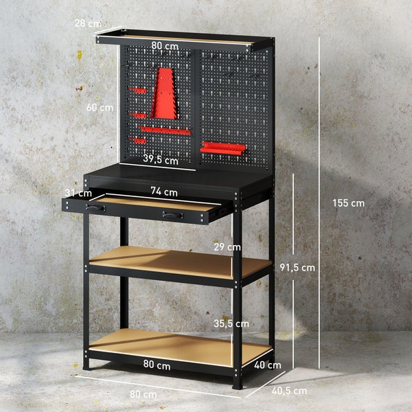 Werkbank aus Metall in Schwarz mit Maßen. Inklusive Lochwand mit roten Haltern, einer Schublade und zwei Holzböden. Höhe 155 Zentimeter.