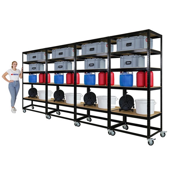 PROREGAL Mega Deal 4x Kommissionierwagen BÜFFEL Fahrbares Kommissionierregal 192x90x50cm 5 Ebenen Fachlast 50kg 2X Lenkrollen & 2X Lenkrollen mit Feststellbremse Schwarz
