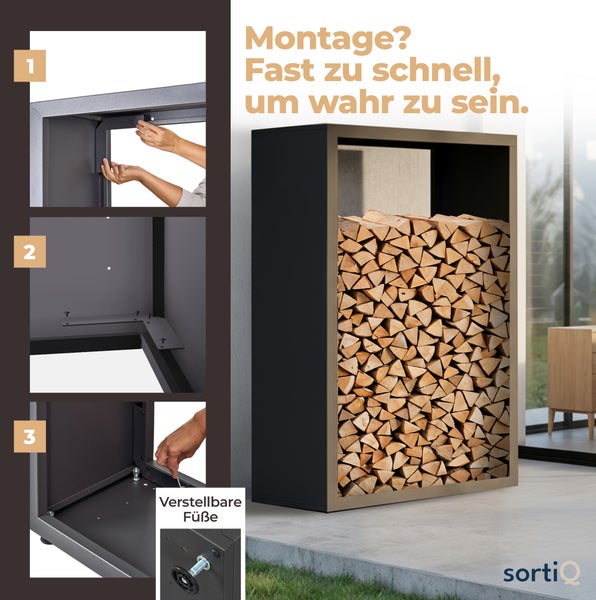 Montageanleitung für ein Brennholzregal mit verstellbaren Füßen und Holzscheiten