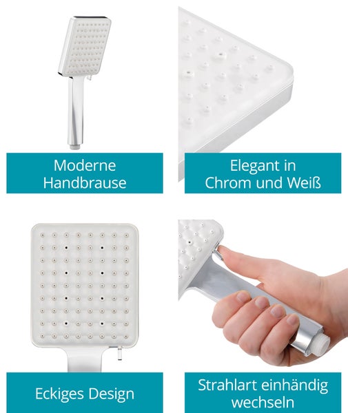 Moderne eckige Handbrause in Chrom und Weiß mit verschiedenen Ansichten und Einhandbedienung zur Umstellung der Strahlart.