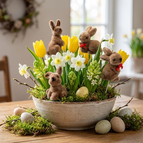 Ostergesteck in Schale mit Frühlingsblumen wie Tulpen und Narzissen sowie Osterhasenfiguren und dekorativen Eiern als Tischdekoration.