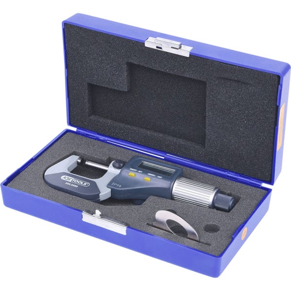 Geöffneter blauer Kasten für ein elektronisches Außenmikrometer