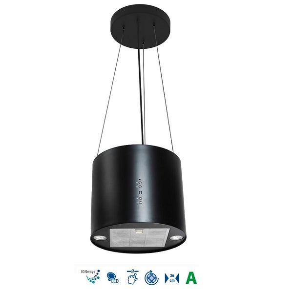 Schwarze zylinderförmige Dunstabzugshaube zur Deckenmontage