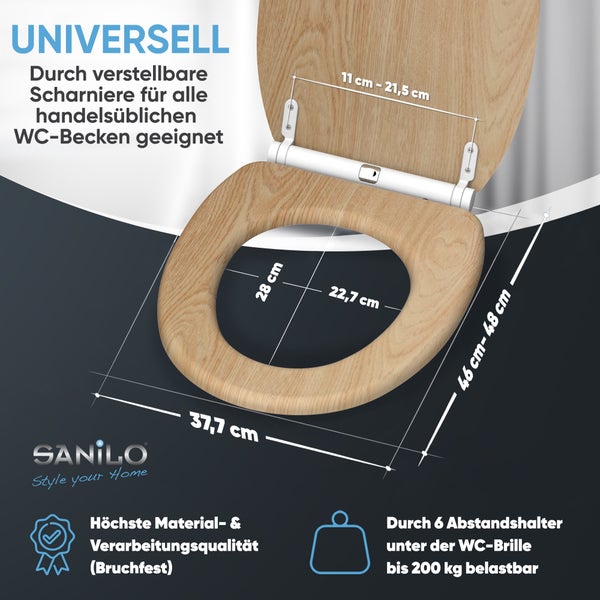 Sanilo Toilettensitz Holzoptik, bruchfest, verstellbare Scharniere, Maße 37,7 mal 46 bis 48 Zentimeter, Belastung 200 Kilogramm, Sanilo Logo.