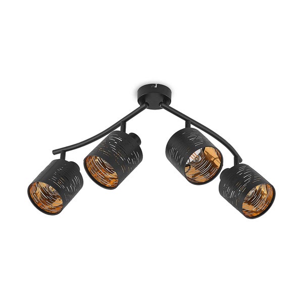 Vierflammige Deckenleuchte in Schwarz, Spotbalken mit zylindrischen Schirmen, dekorative Aussparungen und goldfarbene Innenseite.