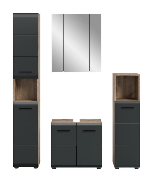 Mehrteiliges Badezimmermöbel-Set in Anthrazit und Eichenoptik mit Hochschrank, Spiegelschrank, Waschbeckenunterschrank und Seitenschrank.