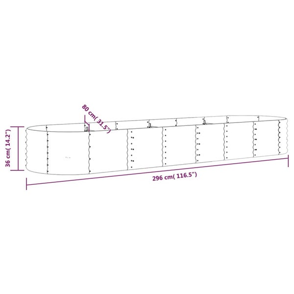 Abmessungen Hochbeet: 296 cm Länge, 80 cm Breite, 36 cm Höhe.