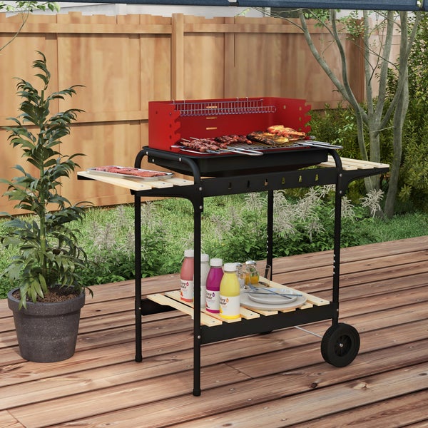 Outsunny Holzkohlegrill aus Metall BBQ Smoker mit Räder, höheverstellbar Grillrost, Holzablage, fahrbar Grillwagen Holzkohle Grill, Kohlegrill für Barbeque Camping, Terrasse, 103x47x95 cm