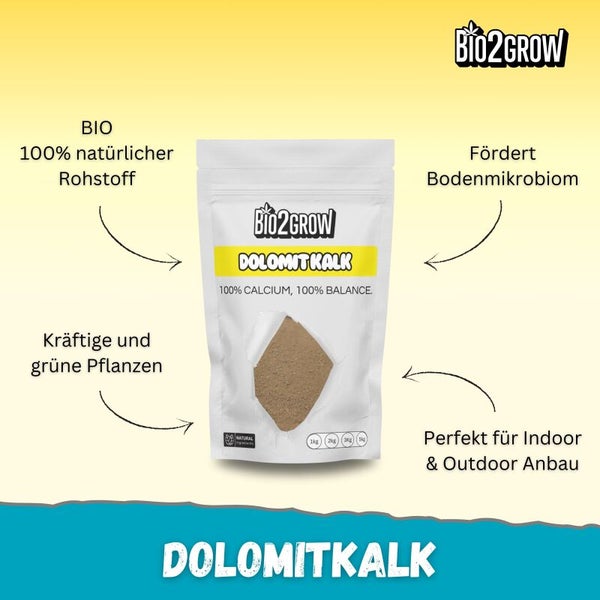 Verpackung Dolomitkalk von Bio2Grow, geeignet für Innen- und Außenanbau