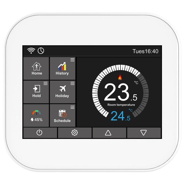Digitales Raumthermostat mit Touchscreen und Anzeige der Raumtemperatur sowie Luftfeuchtigkeit zur intelligenten Heizungssteuerung.
