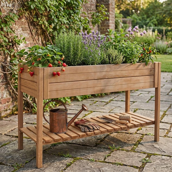 Hölzernes Hochbeet auf einer Steinterrasse, bepflanzt mit Erdbeeren und Kräutern, inklusive Ablagefläche mit Gießkanne und Gartenwerkzeug.