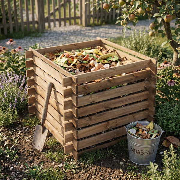 Holzkomposter für Bioabfälle mit 520 Liter Fassungsvermögen, Maße 100 mal 100 mal 78 Zentimeter, ONBEST Logo.