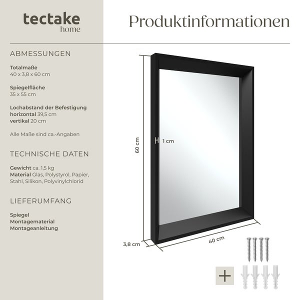 Rechteckiger Wandspiegel tectake Elina integrierte Befestigungshaken 40 x 3,8 x 60 cm schwarz