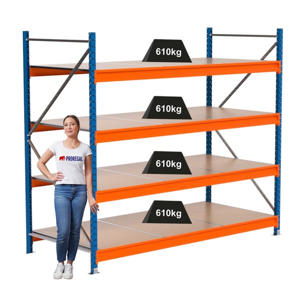 Hochregal mit vier Ebenen und einer Traglast von 610 Kilogramm pro Ebene