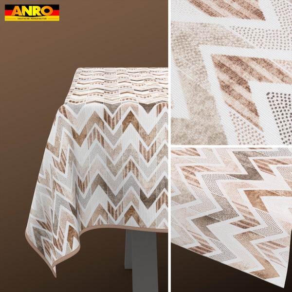 Wachstuchtischdecke mit Zickzack-Muster in Brauntönen, ANRO Logo und Detailaufnahme der Materialstruktur.