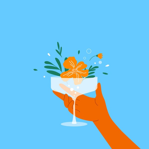 Illustration einer Hand, die ein Glas mit Blumen hält.