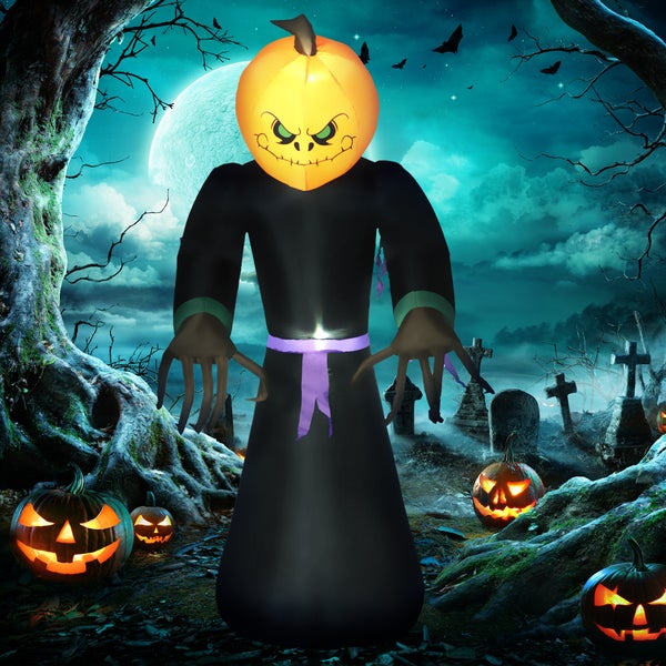 HOMCOM Halloween-Kürbis mit 2 LED-Lichtern, L110 x B66 x H210 cm, Polyestergewebe, Orange und Schwarz