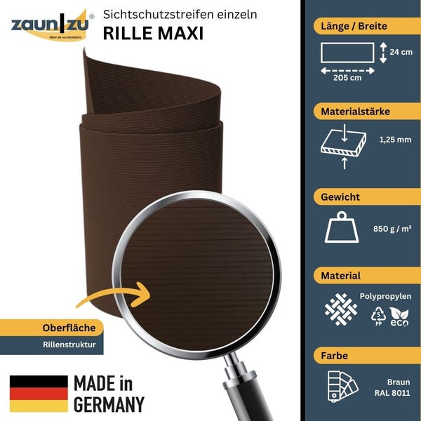 Zaun zu Rille Maxi Sichtschutzstreifen, gerillte Oberfläche, Länge 205 Zentimeter, Breite 24 Zentimeter, Materialstärke 1,25 Millimeter, Gewicht 850 Gramm pro Quadratmeter, Material Polypropylen, Made in Germany