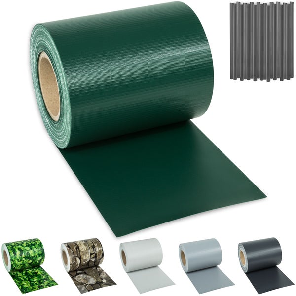 Grüner Sichtschutzstreifen aus Polyvinylchlorid für Gittermattenzäune, inklusive Befestigungsclips.