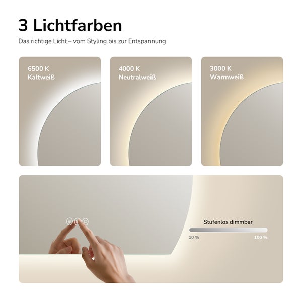 Drei Lichtfarben von Kaltweiß 6500 Kelvin bis Warmweiß 3000 Kelvin und stufenlose Dimmfunktion von 10 bis 100 Prozent am Spiegel.