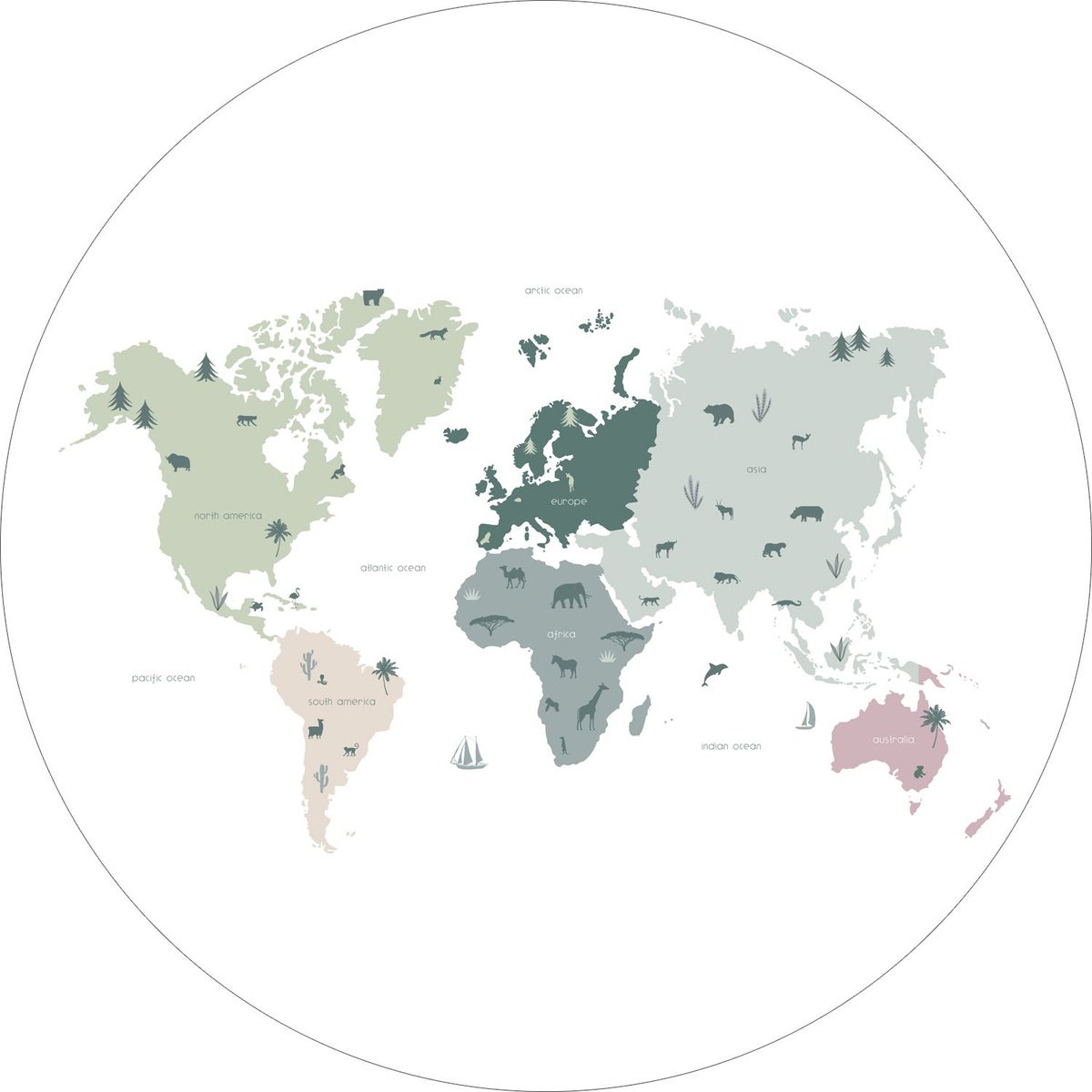 ESTAhome selbstklebende runde Tapete Weltkarte für Kinder Mintgrün, Grau und Rosa - Ø 140 cm - 159010