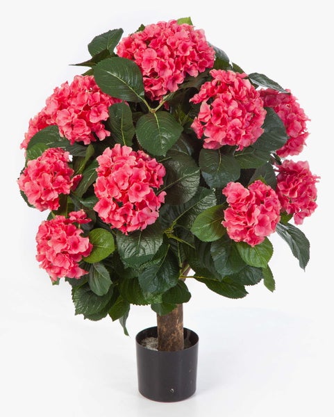 Künstliche Hortensie im schwarzen Topf mit rosa Blüten und grünen Blättern.