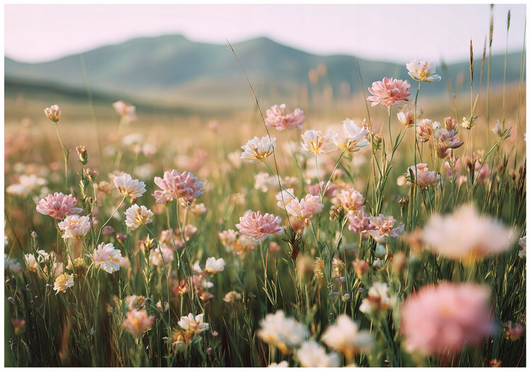 Wiese mit vielen kleinen Blumen im Sonnenlicht vor einer Berglandschaft.