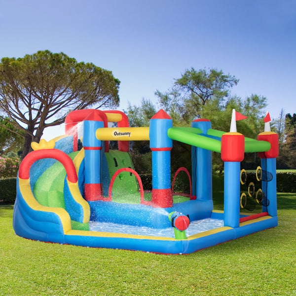 Outsunny Hüpfburg, Wasserpark, Aufblasbare Hüpfburg mit Gebläse, Wasserspielcenter, inkl. Wasserrutsche, Trampolin, Kletterwand, für Kinder ab 3 Jahren, In- und Outdoor, Bunt, 390 x 300 x 197 cm