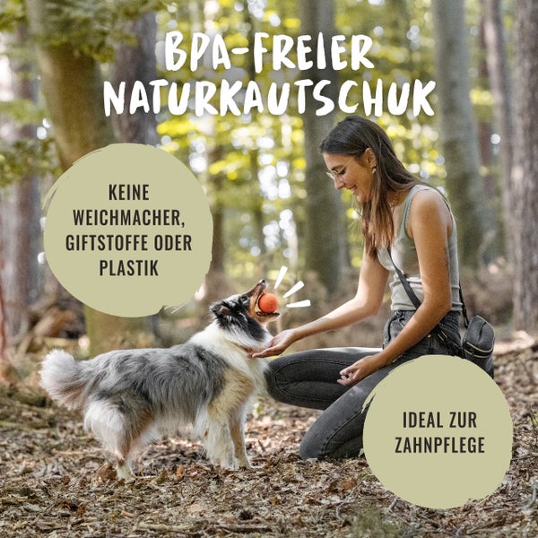 Frau spielt mit Hund und einem Ball aus Naturkautschuk im Wald. Der Ball ist BPA-frei, enthält keine Weichmacher, Giftstoffe oder Plastik und ist ideal zur Zahnpflege.