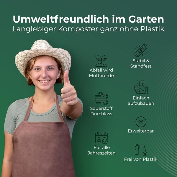 Infografik zu einem langlebigen, plastikfreien Komposter mit Vorteilen wie Stabilität, einfachem Aufbau, Erweiterbarkeit und Ganzjahresnutzung.