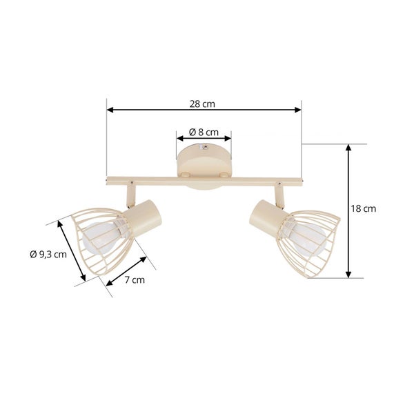 Abmessungen einer Deckenleuchte mit zwei Strahlern