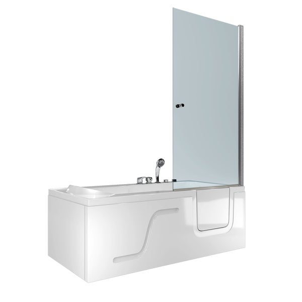 Barrierefreie Sitzbadewanne mit integrierter Tür, Glas-Duschabtrennung und verchromter Armatur mit Handbrause.