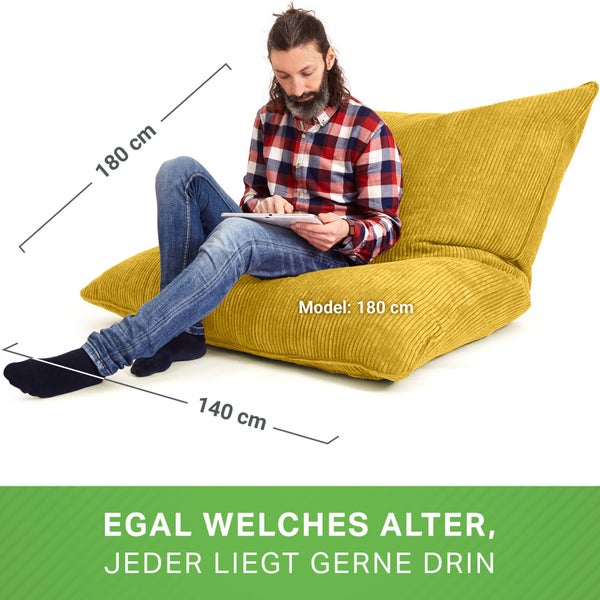 Green Bean XXL Sitzsack aus Cordstoff 370 Liter EPS-Perlen Füllung - Kuschelig Weich Robust & Waschbarem-Stoff Bodenkissen Liegekissen Sitzkissen - Gelb