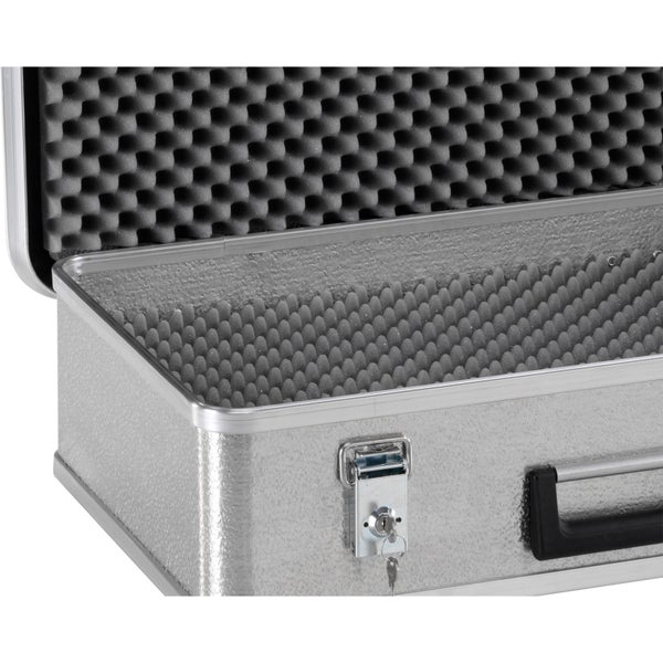 Aluminiumkoffer mit Noppenschaumstoff-Auskleidung, Scharnierverschluss mit Schloss und integriertem Schlüssel.