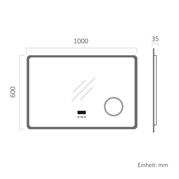 Technische Zeichnung Badezimmerspiegel mit Digitalanzeige. Breite 1000 Millimeter, Höhe 600 Millimeter, Tiefe 35 Millimeter.