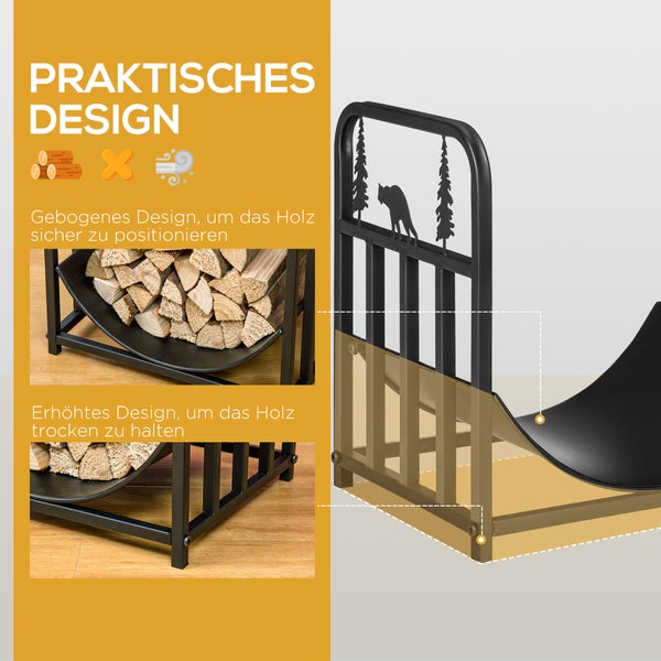 Outsunny Kaminholzregal, mit Griffe, für Outdoor, Indoor, bis 50 kg, 42 x 33,5 x 43 cm, Metall, Schwarz