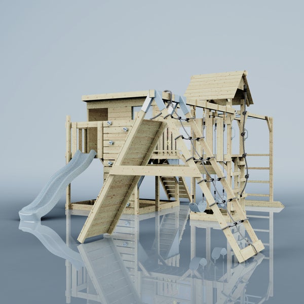 Spielturm aus Holz mit Rutsche, Kletterwand und Seilleiter für den Garten