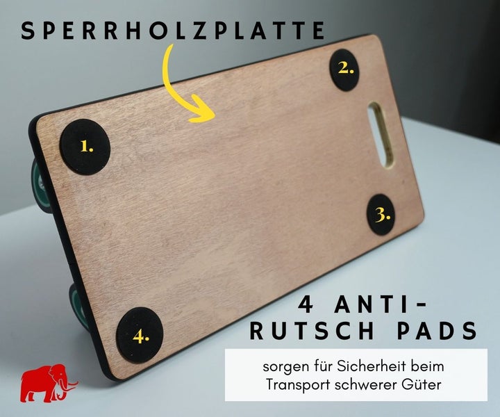 Transportroller aus Sperrholz mit vier Anti-Rutsch-Pads und integriertem Tragegriff für sicheren Transport schwerer Güter. Wagner Logo.