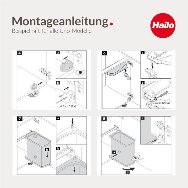 Montageanleitung für Hailo Uno Abfalltrennsysteme mit bebilderten Installationsschritten zur Schrankmontage.