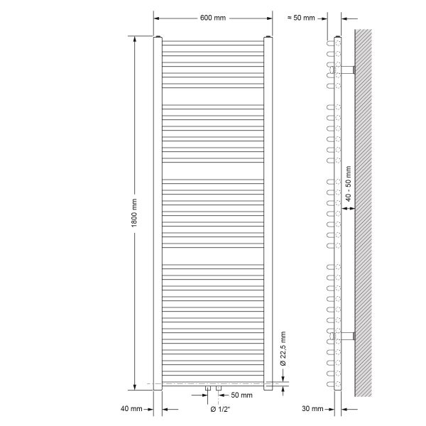 ECD Germany Badheizkörper Mittelanschluss 600 x 1800 mm Weiß gebogen mit Thermostat und Anschlussgarnitur Universal Eck- und Durchgangsform Weiß - Heizkörper Heizung Handtuchwärmer Handtuchtrockner