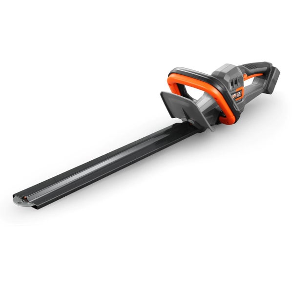 Mowox Akku-Heckenschere mit langem Schwert und ergonomischem Griff in Grau und Orange.