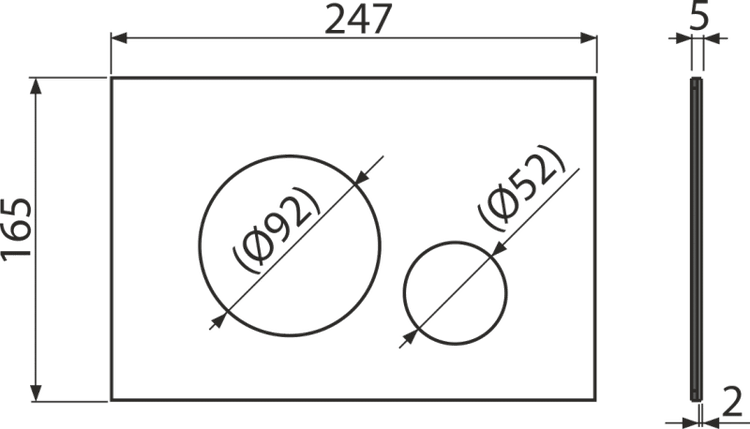 Technische Zeichnung einer Betätigungsplatte mit Maßen: Breite 247, Höhe 165, Tastendurchmesser 92 und 52, Tiefe 5 und 2 Millimeter.