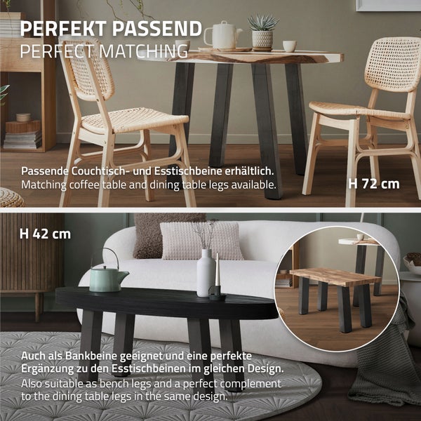 Esszimmertisch und Couchtisch mit schwarzen Metallbeinen in 72 Zentimeter und 42 Zentimeter Höhe sowie eine passende Bank im modernen Wohnbereich.