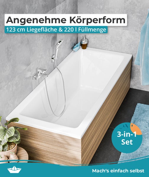 Weiße Einbaubadewanne mit Holzverkleidung, Duscharmatur und Handbrause. 123 Zentimeter Liegefläche und 220 Liter Füllmenge.