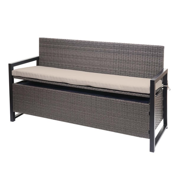 Gartenbank aus grauem Polyrattan mit integrierter Auflagenbox, schwarzem Metallgestell und beigem Sitzkissen.