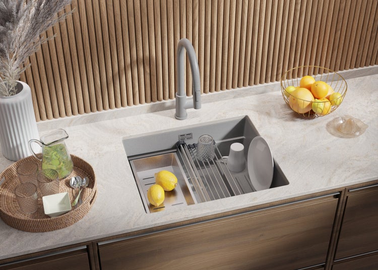 PRIMAGRAN Unterbauspüle Granit Grau 56x47cm, Spülbecken 1 Becken + Ablauf-Set + Aufrollbare Abtropffläche, Granitspüle ab 60er Unterschrank - Praga